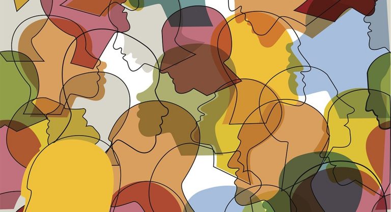 Seamless pattern of  crowd of many different people profile heads